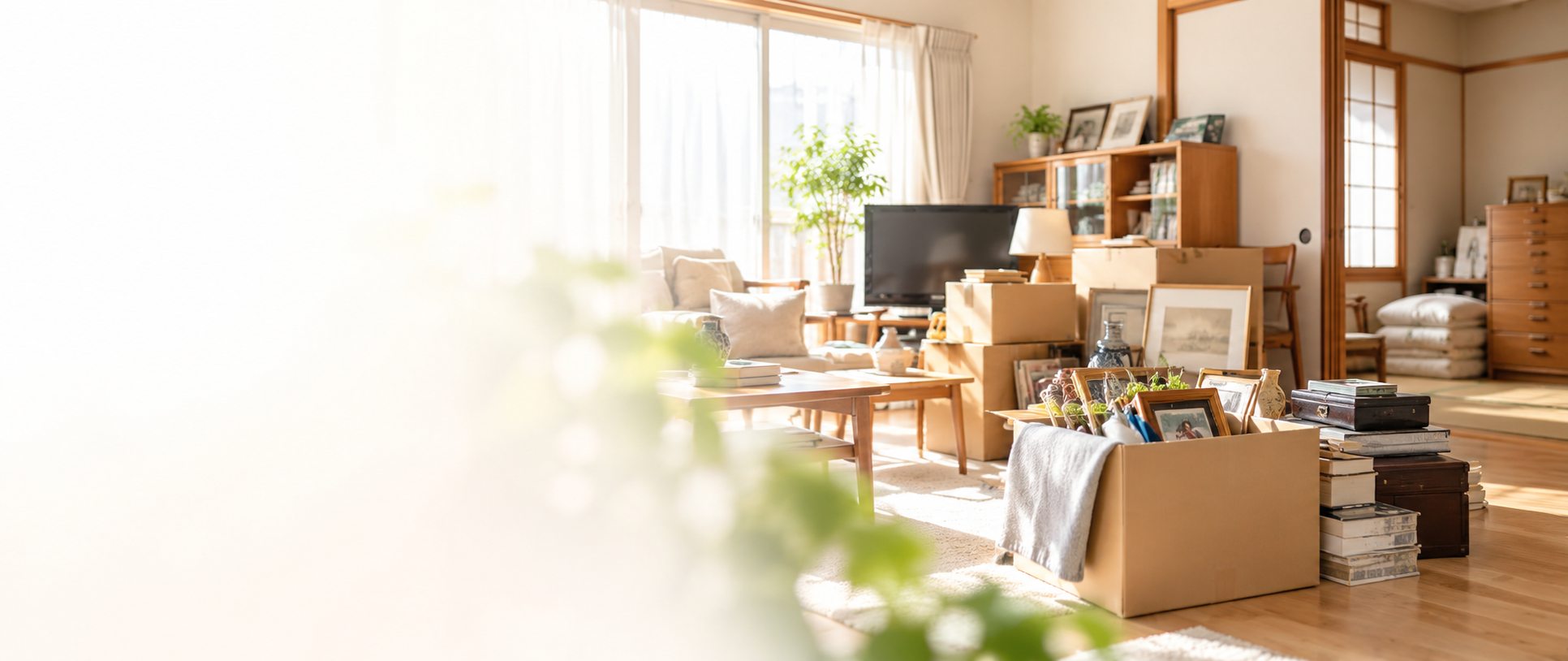 明るい住まいで、家財整理・片付けを進めている様子
